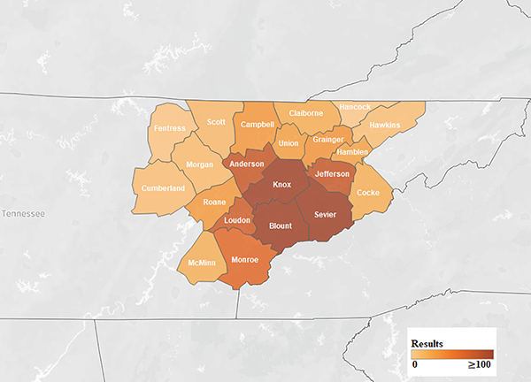 Map of requests by county in hospital’s service area