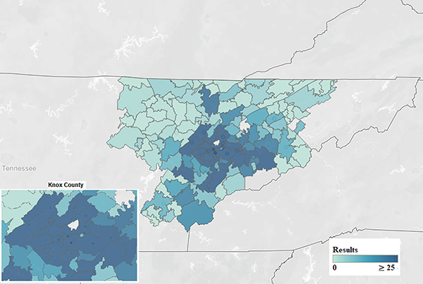 Map of requests by zip code in hospital’s service area